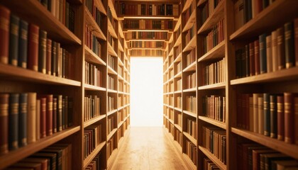 Obraz premium Sunlit narrow library aisle flanked by wooden bookshelves and a glowing doorway at the end
