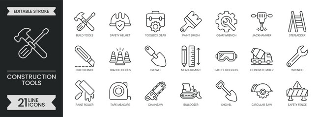Naklejka premium Construction tools outline icon set. Containing building, engineering, renovation equipment, industry, concrete, machinery, architect, work and more. Editable stroke icons pack. Vector illustration