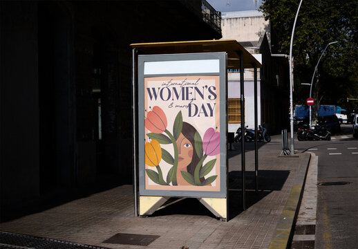Mockup Template of bus stop shelter in a Barcelona Street 