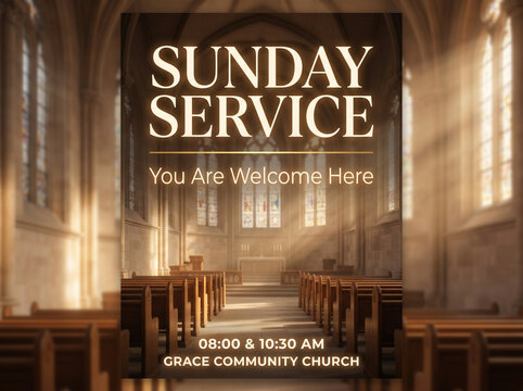 church interior with welcome service announcement.