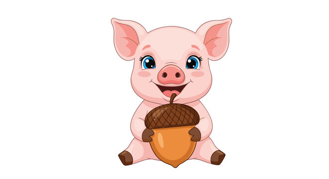 Cute little pink piglet sitting and smiling while holding a large brown acorn with both paws on a plain white background.