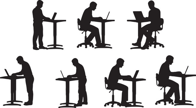 Black Solid Software Developer Standing Desk Typing Silhouettes Set of Six on White Background