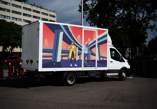 Mockup of Delivery Truck Parked in Barcelona City Area
