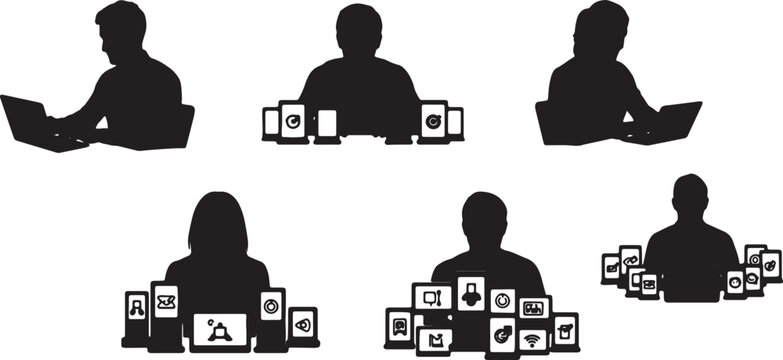 Black Solid Software Tester Quality Assurance Device Silhouettes Set of Six on White Background