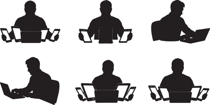 Black Solid Software Tester Quality Assurance Device Silhouettes Set of Six on White Background