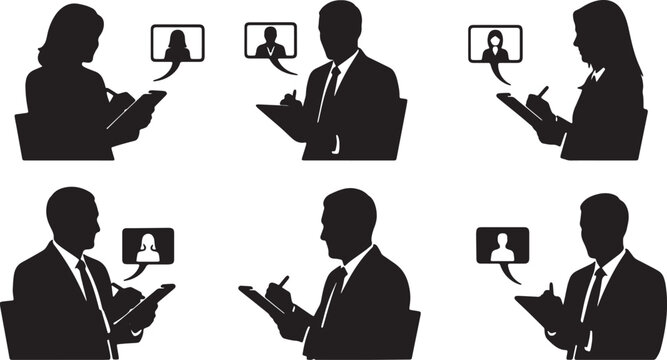 Black Solid Remote HR Manager Video Interview Silhouettes Set of Six on White Background