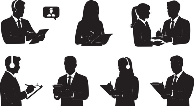 Black Solid Remote HR Manager Video Interview Silhouettes Set of Six on White Background
