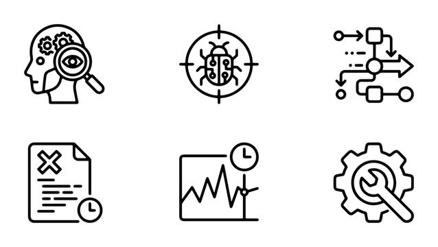 Software Development Icons: Debugging, Workflow, Testing, Analytics, Maintenance, Strategy, Vector Set
