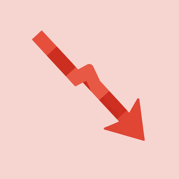 A downward pointing arrow in red color on a light pink background