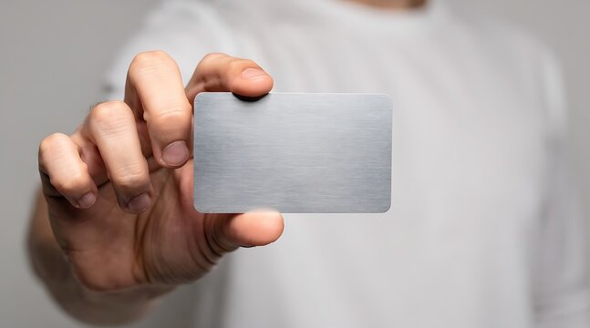 Person holding a blank gray credit card in front of the camera.
