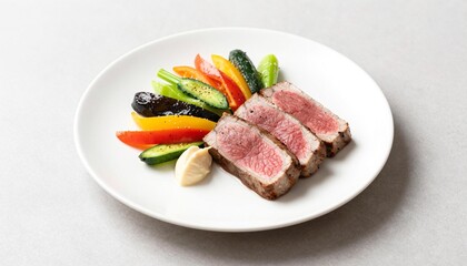 Fototapeta premium Three slices of medium-rare seared beef steak with mixed grilled vegetables and a dollop of aioli on a white plate