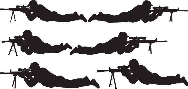 Black Solid SWAT Snipers Lying Prone Silhouettes Set of Six on White Background