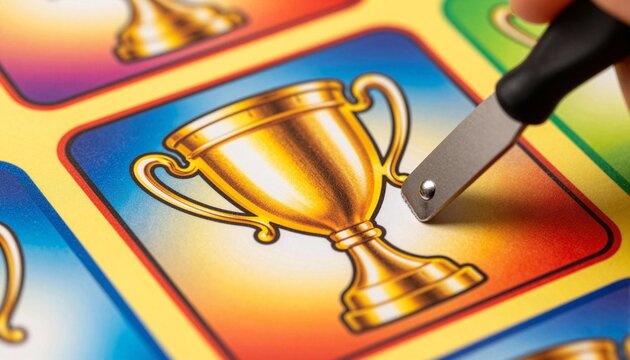 Hand scratching a colorful instant-win lottery card revealing a golden trophy icon