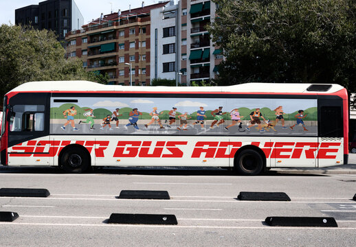 Bus Mockup in Barcelona Near Urban Buildings