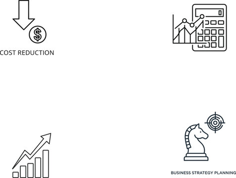 Business strategy and cost reduction icons set with growth chart