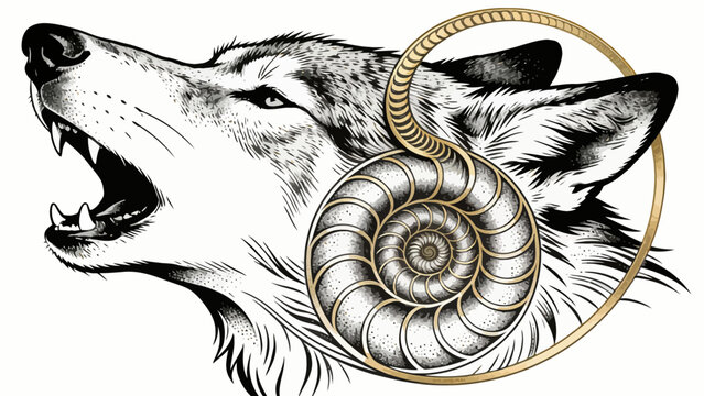 Howling Wolf and Ammonite Fossil Vector Illustration