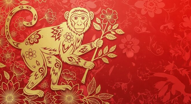 A monkey holds a branch with leaves and flowers on a red background illustration