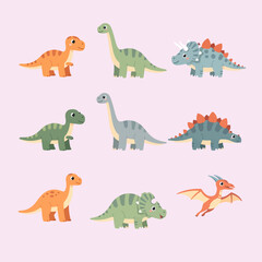 A collection of cute cartoon dinosaurs on a soft, pastel pink background © Thomas