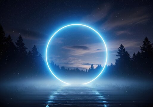 Glowing blue circle in a serene nighttime landscape with trees and water under a starry sky with clouds