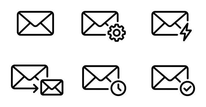 Email Icons Set, Communication Symbols, Message Notification Graphics, Digital Correspondence Icons, Mailbox Alerts, Contact Icons, 6 Vector Elements