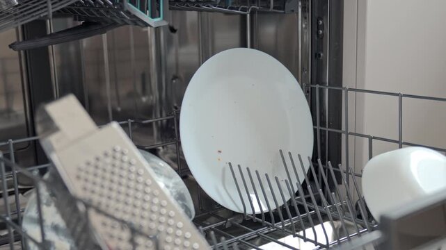 Person placing dirty plates into open dishwasher rack with dirty dishes and kitchen items. Concept of household cleaning, kitchen routine and domestic appliance use