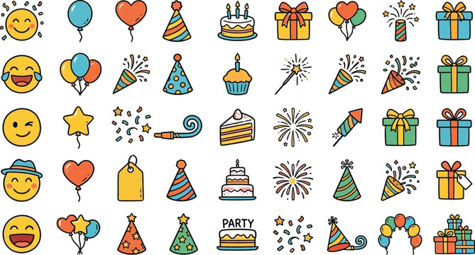 Cute birthday party line icons set including celebration cake gifts balloons party hats fireworks and emojis vector illustration.Cute birthday party line icons set including celebration cake gifts bal