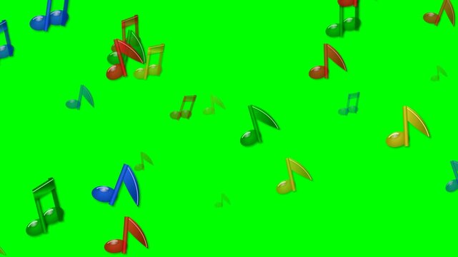 Colorful 3D musical notes falling against a green screen background for video editing