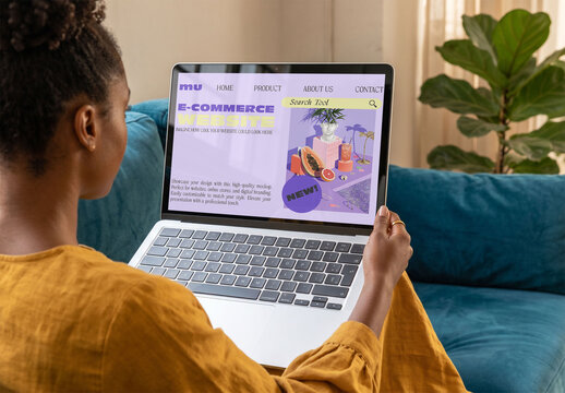Mockup of woman Working at Home on a Laptop Generative AI
