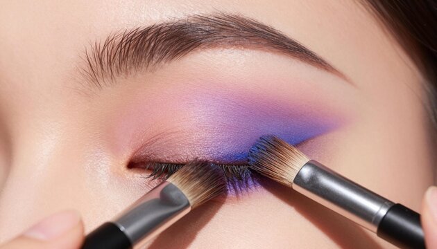 Close-up of purple eyeshadow being applied with makeup brushes on an eyelid, showing brow and lashes