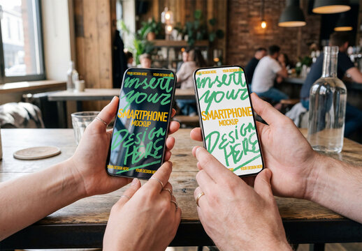 Mockup of Two Hands Hold two Blank Mobile Phone 