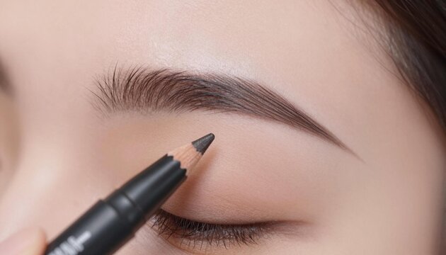 Close-up of an eyebrow being filled and shaped with a black eyebrow pencil, showing precise makeup application and smooth skin