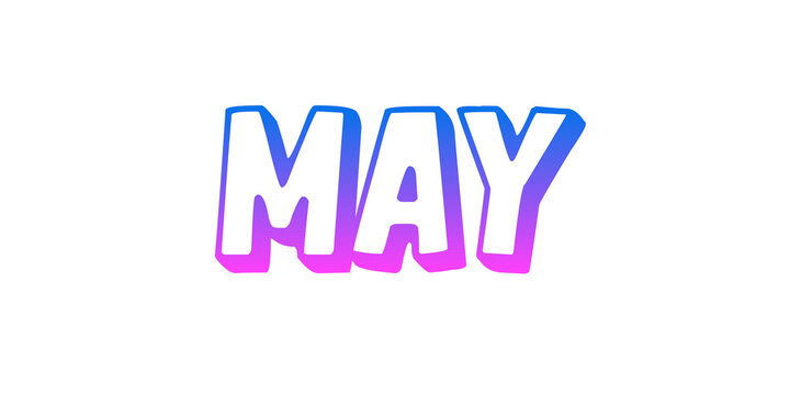 May neon text illustration with glowing blue and pink gradient effect on a transparent background. Modern luminous typography featuring the month of May in a vibrant neon style