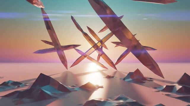 Abstract 3 d motion background, with floating geometric, crystals and glowing, sunset horizon, surreal, sci-fi landscape for, digital projects