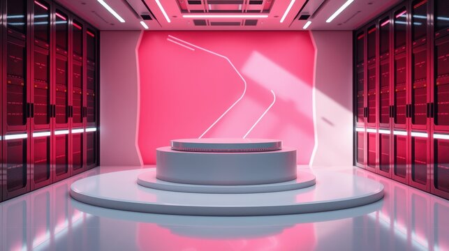 Modern server room features circular stage. Pink neon lights illuminate sleek design, creating futuristic ambiance. Minimalist aesthetic.