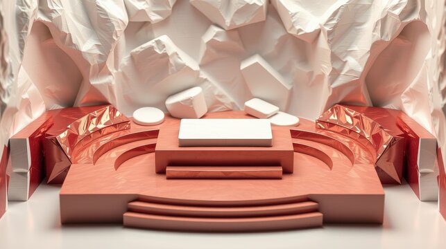 Abstract stage design. Peach tones dominate, featuring geometric shapes, steps, reflective surfaces, jagged backdrop. Minimalist presentation platform.