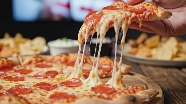 Hand lifting a slice of pepperoni pizza with a long cheese pull. Hot pizza with melted mozzarella. Game day snack and party food concept