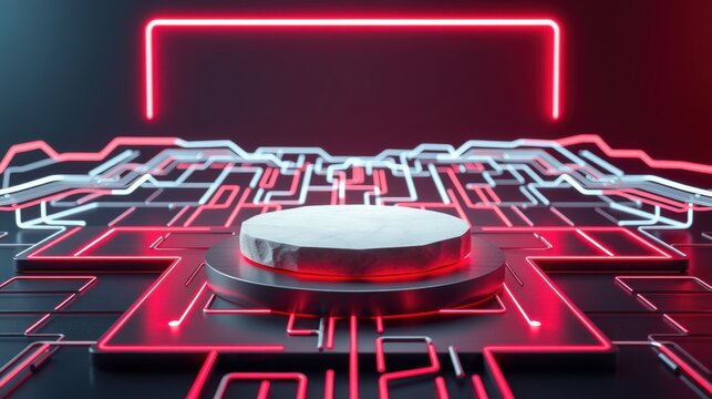 Futuristic stage setup. Circular platform glows, surrounded by complex red neon circuitry. Dark background emphasizes vibrant illumination.