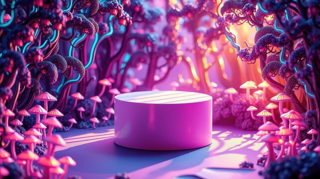 Vibrant mushroom forest scene. Pink pedestal center stage. Dramatic lighting creates surreal atmosphere. Lush vegetation dominates composition.