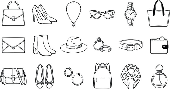 Elegant fashion accessories hand drawn element collection including women handbags shoes jewelry watches hats and luxury items vector illustration.Elegant fashion accessories hand drawn element collec