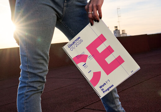 Mockup of a spiral notebook cover Held on a Rooftop
