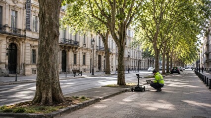 Naklejka premium Worker using equipment next to a tree on a tree-lined street in a city during daylight hours