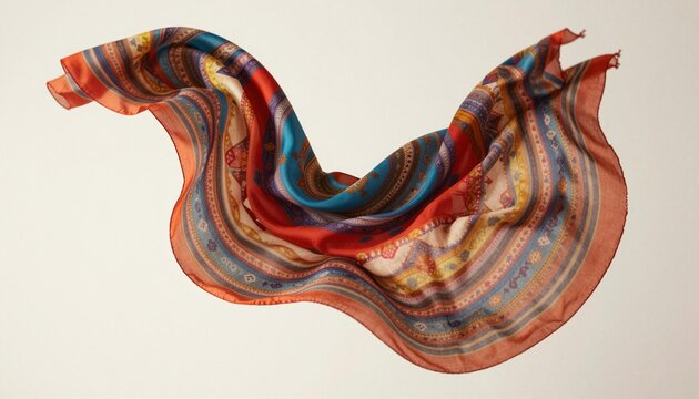 Colorful patterned silk scarf floating in midair, flowing paisley and stripe design, lightweight draped fabric accessory