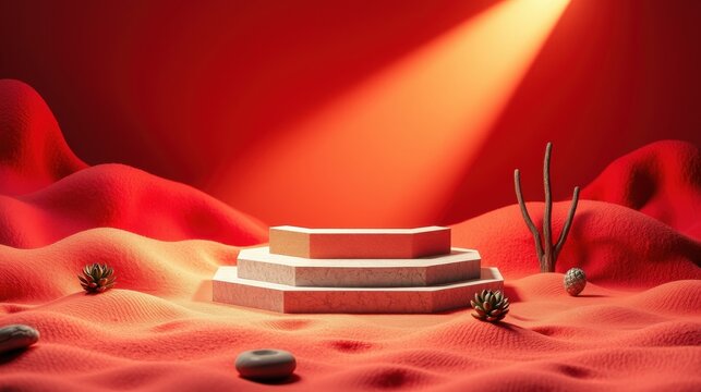 Minimalist stage setup. Red landscape, pedestal, spotlight. Smooth textures, abstract forms, dramatic lighting create modern scene.