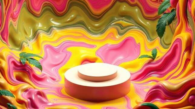 Abstract fluid shapes, vibrant colors, pedestal. Tropical leaves accent flowing background. Modern presentation space.