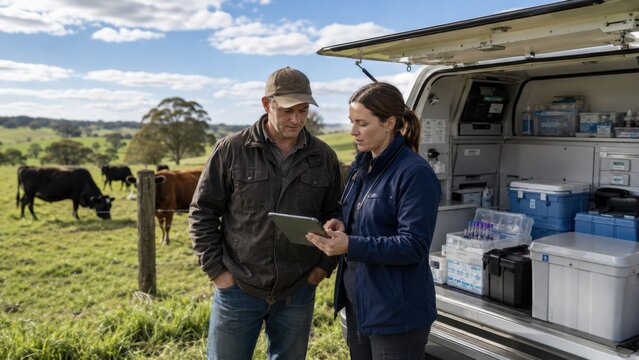 Discussion on a farm between a veterinarian and a farmer during a sunny day, focusing on livestock care and health management in a rural area