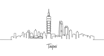 Naklejka premium Taipei City Skyline Minimalist Line Art on White Background