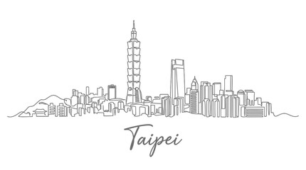Naklejka premium Taipei City Skyline Illustration, One Line Drawing, Urban Sketch