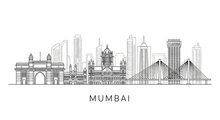 Fototapeta premium Mumbai Skyline Illustration: Iconic Landmarks on White Backdrop