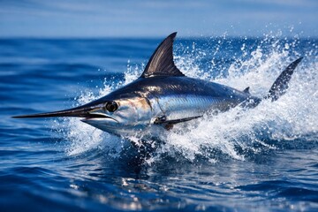 Fototapeta premium Action photo of a blue marlin fish leaping out of the deep blue ocean water with a big splash. This dynamic image is suitable for sport fishing blogs, marine biology, and ads.