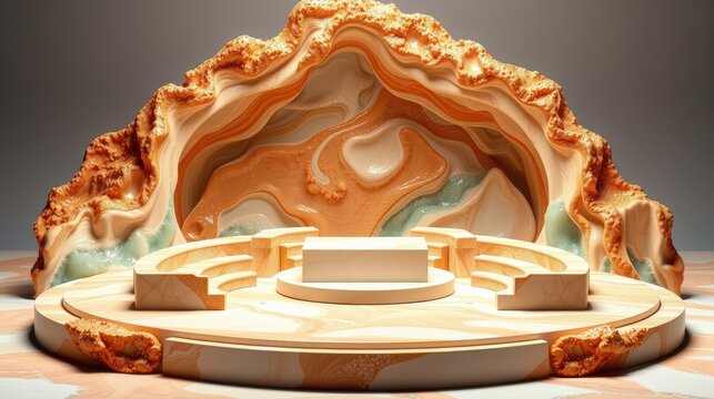 Abstract stage design. Warm tones dominate layered structure. Circular platforms create depth, inviting presentation space. Dramatic lighting enhances texture.